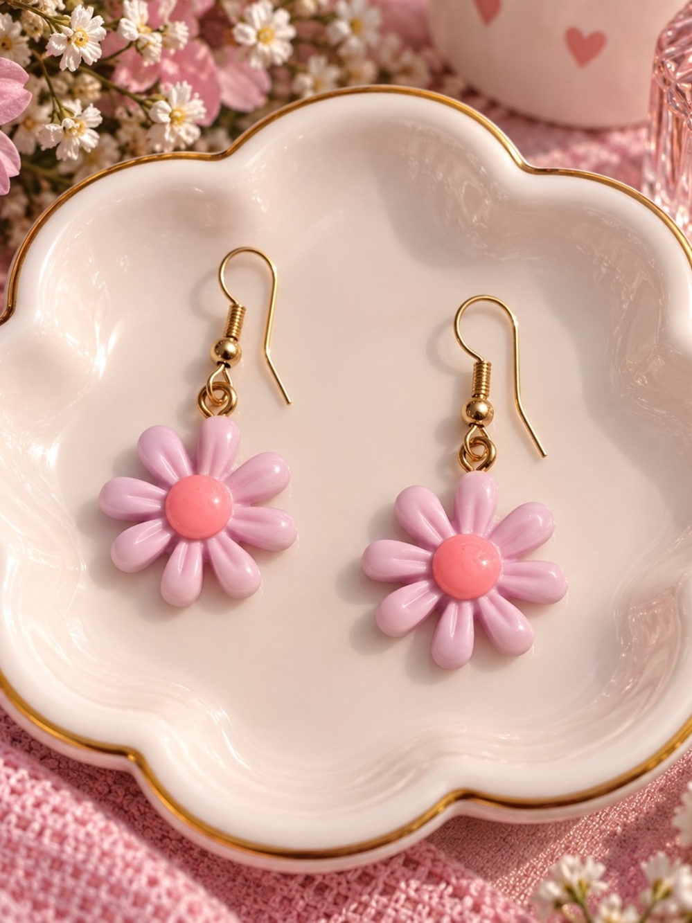 Delicate Pink Daisy Flower Drop Earrings New
